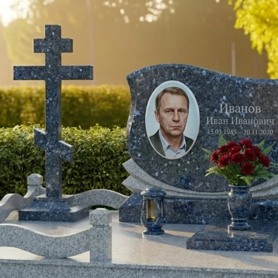 Элитный православный вертикальный памятник в Казани, гранит Блю Перл
