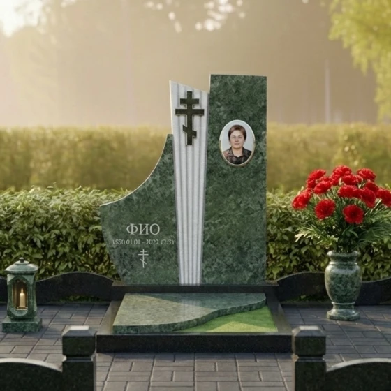 Православный Гранитный памятник с крестом в Перми, гранит Балтик грин
