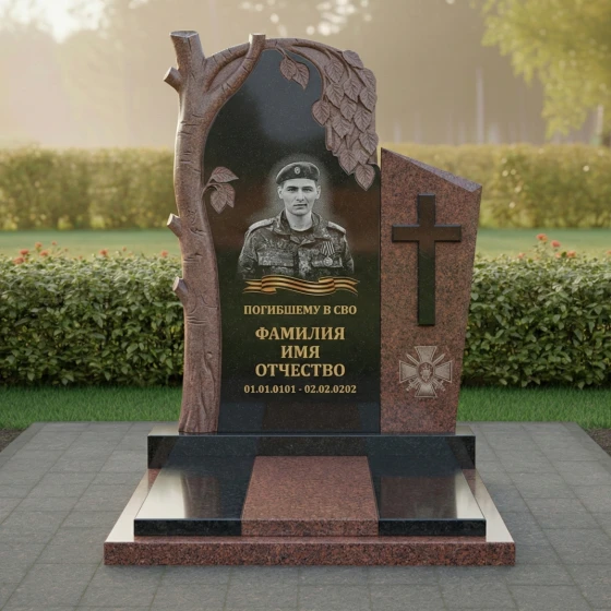 Гранитный памятник с березой и крестом, гранит Дымовский