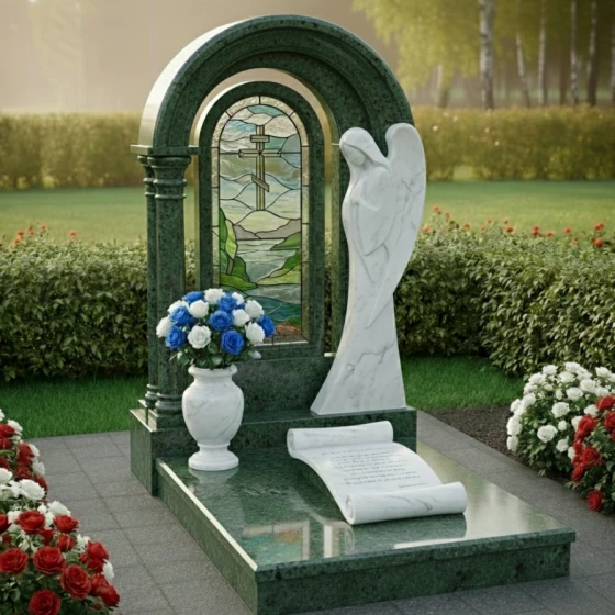 Мемориальный комплекс с витражом и ангелом из мрамора, гранит Балтик грин, в Санкт-Петербурге