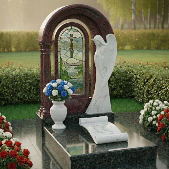 Мемориальный комплекс с витражом и ангелом из мрамора, гранит амфиболит, в Санкт-Петербурге