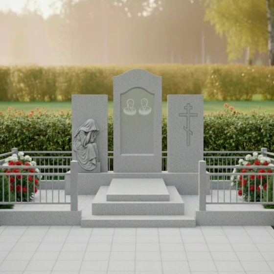 Элитный вертикальный гранитный памятник на двоих в Екатеринбурге, гранит Мансуровский