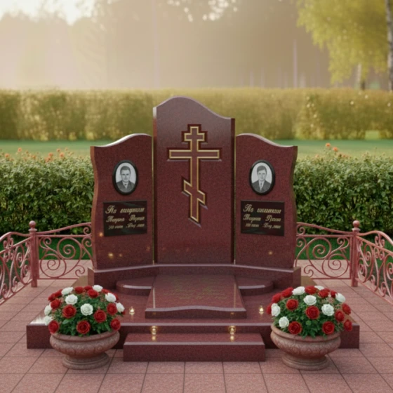 Гранитный православный памятник на двоих в Кемерово, гранит Лезниковский