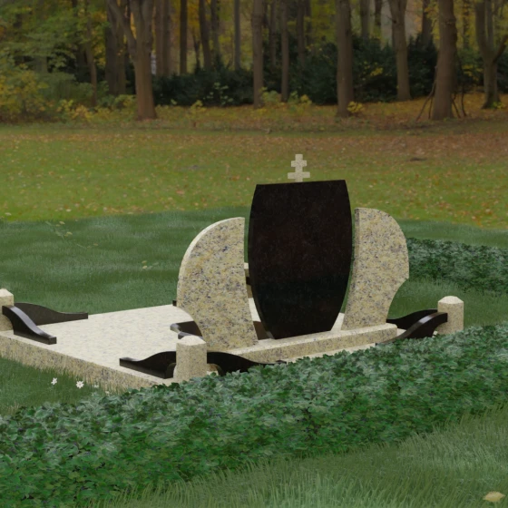 Двойной православный горизонтальный комбинированный памятник с крестом в Салехарде, гранит Мансуровский, вид 3
