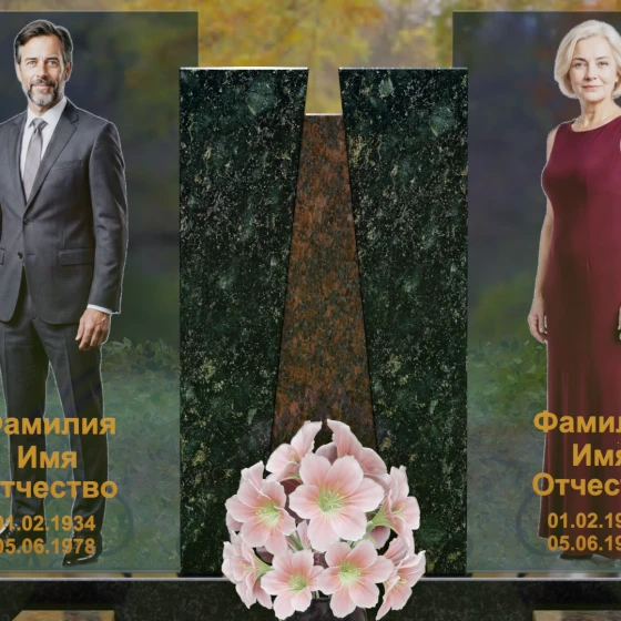 Горизонтальный светский памятник на двоих в Волгограде, гранит Балтик грин