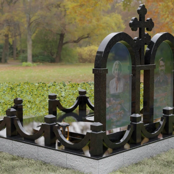 Православный памятник с крестом на двоих в Перми, гранит Габбро-диабаз, вид 3
