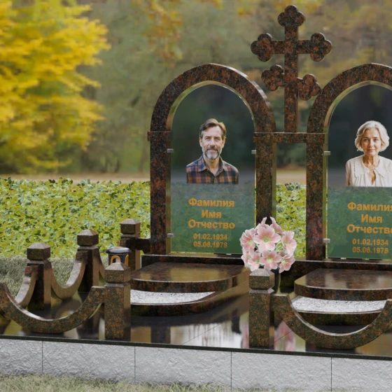 Православный памятник с крестом на двоих в Перми, гранит Дымовский, вид 4