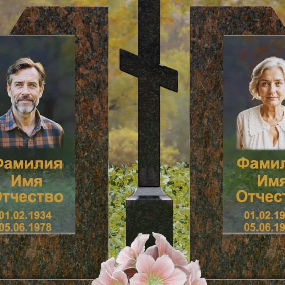 Православный памятник из гранита и стекла с крестом в Казани, гранит Дымовский