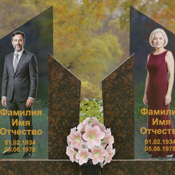 Горизонтальный комбинированный памятник на двоих в Липецке, гранит Дымовский