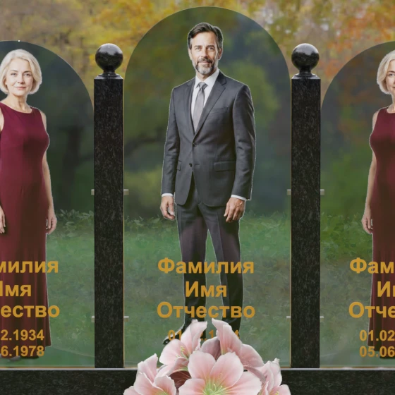Вертикальный комбинированный памятник на троих в Липецке, гранит Габбро-диабаз