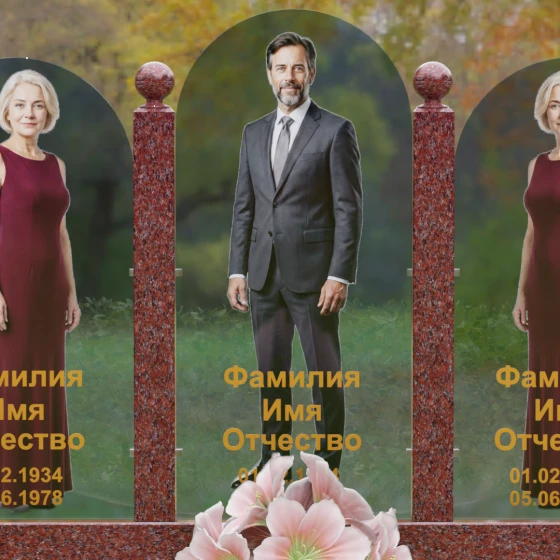 Вертикальный комбинированный памятник на троих в Липецке, гранит Лезниковский