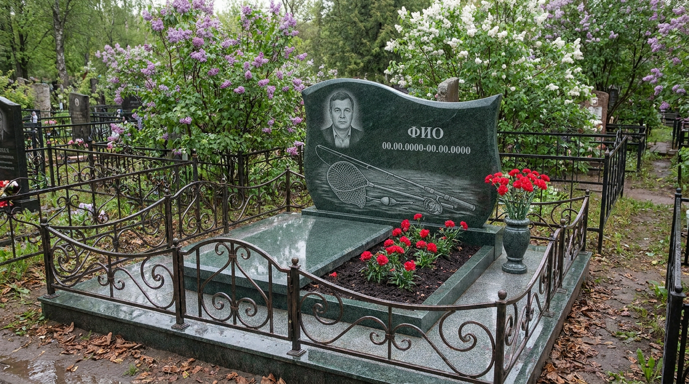 Пример дизайна: Гранитный памятник рыбаку в виде скалы с удочкой и лодкой