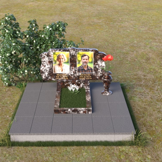 Горизонтальный памятник с резными волнами и розой, гранит амфиболит, вид 3