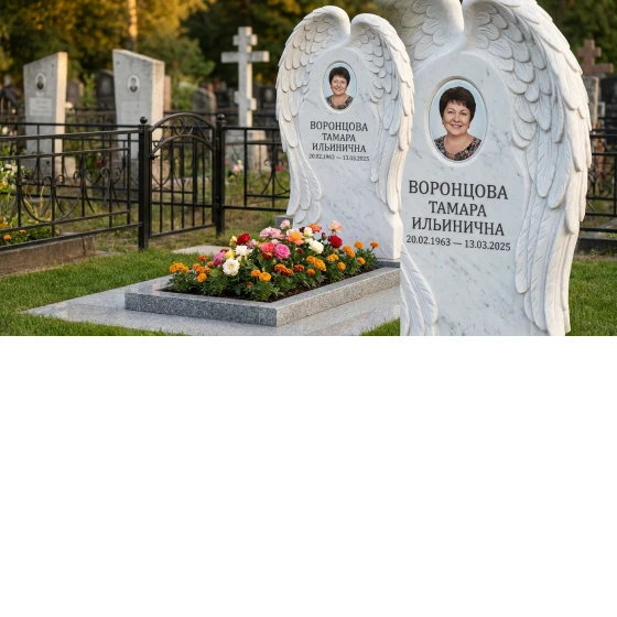 Памятник с крылом ангела из белого мрамора с фотопортретом