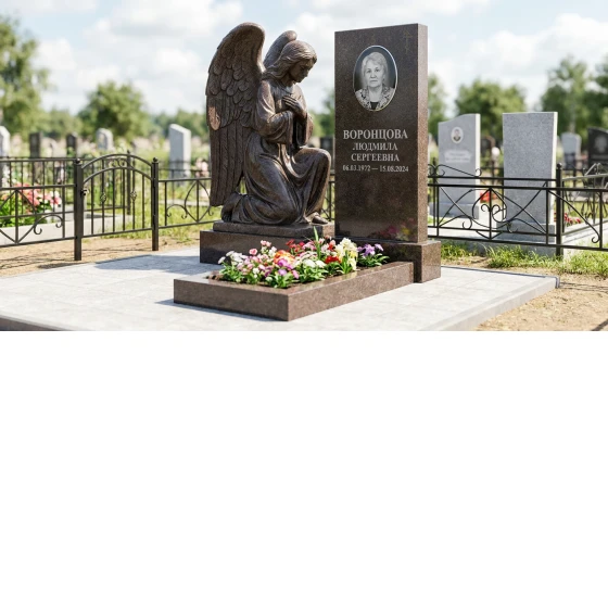 Памятник с коленопреклонённым ангелом из дымовского гранита с крылом