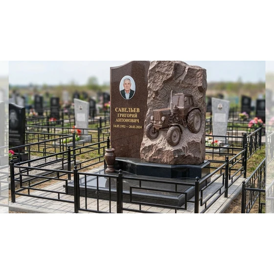 Комбинированный памятник со скалой и рельефным трактором