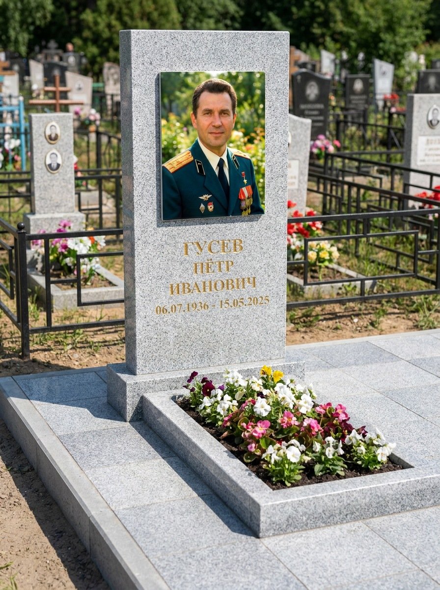Портрет на памятнике в Липецке — Прямоугольник на гранитной стеле, ФИО и даты на портрете
